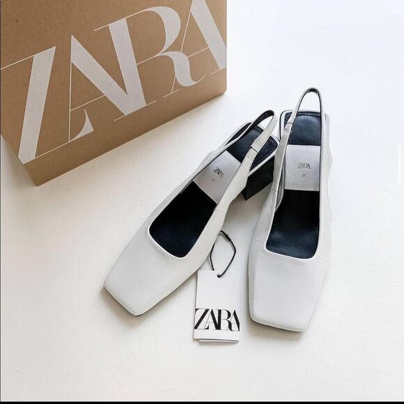 ZARA LEATHER SLING BACK BLOCK HEELS SQUARE TOE SIZE US 7.5 White - Picture 1 of 4